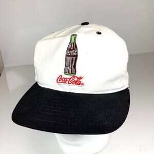 Vintage Coca-Cola Hat Cap White Black Bill Embroidered Bottle 90s 1996 Made USA